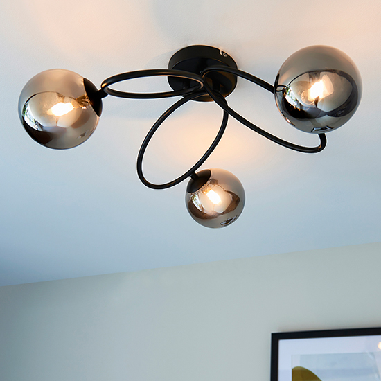 Ellipse 3 Lights Smoked Glass Shades Ceiling Light In Black
