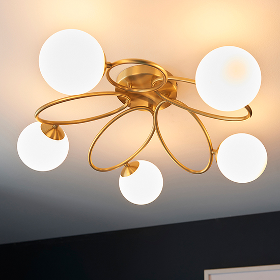 Product photograph of Ellipse 5 Lights Opal Glass Shades Ceiling Light In Satin Brass from Furniture in Fashion