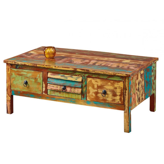 Ellora Wooden Coffee Table In Multicolor With 3 Drawers Furniture in