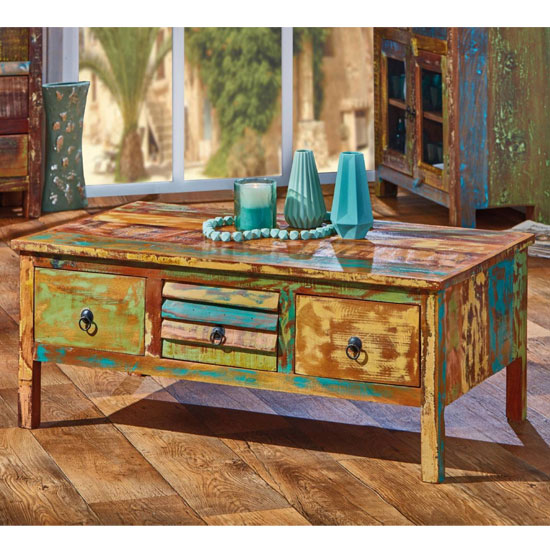 Ellora Wooden Coffee Table In Multicolor With 3 Drawers Furniture in