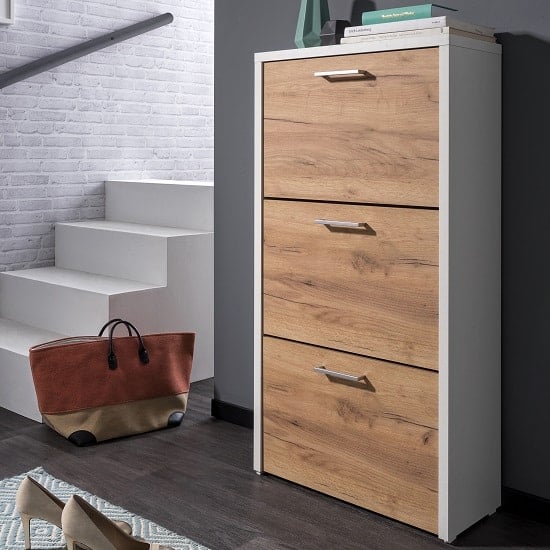 Ellwood Shoe Cabinet In White And Golden Oak With 3 Flap Doors
