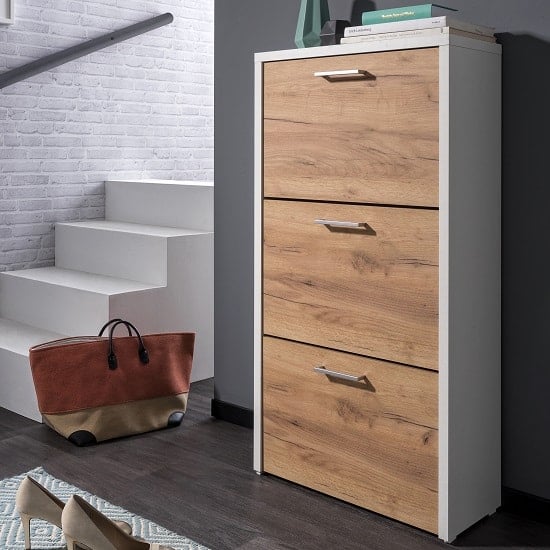 Read more about Ellwood shoe cabinet in white and golden oak with 3 flap doors