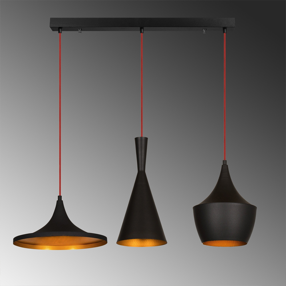 Elmas 3 Light Metal Ceiling Pendant Light in Black and Red