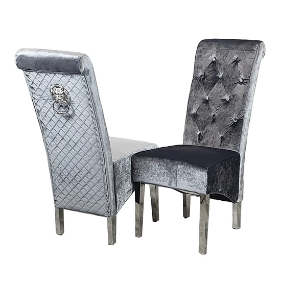 Product photograph of Elmira Lion Knocker Grey Shimmer Velvet Dining Chairs In Pair from Furniture in Fashion