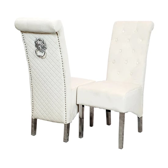 Product photograph of Elmira Lion Knocker Cream Velvet Dining Chairs In Pair from Furniture in Fashion