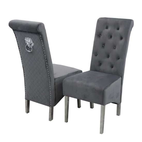 Product photograph of Elmira Lion Knocker Dark Grey Velvet Dining Chairs In Pair from Furniture in Fashion