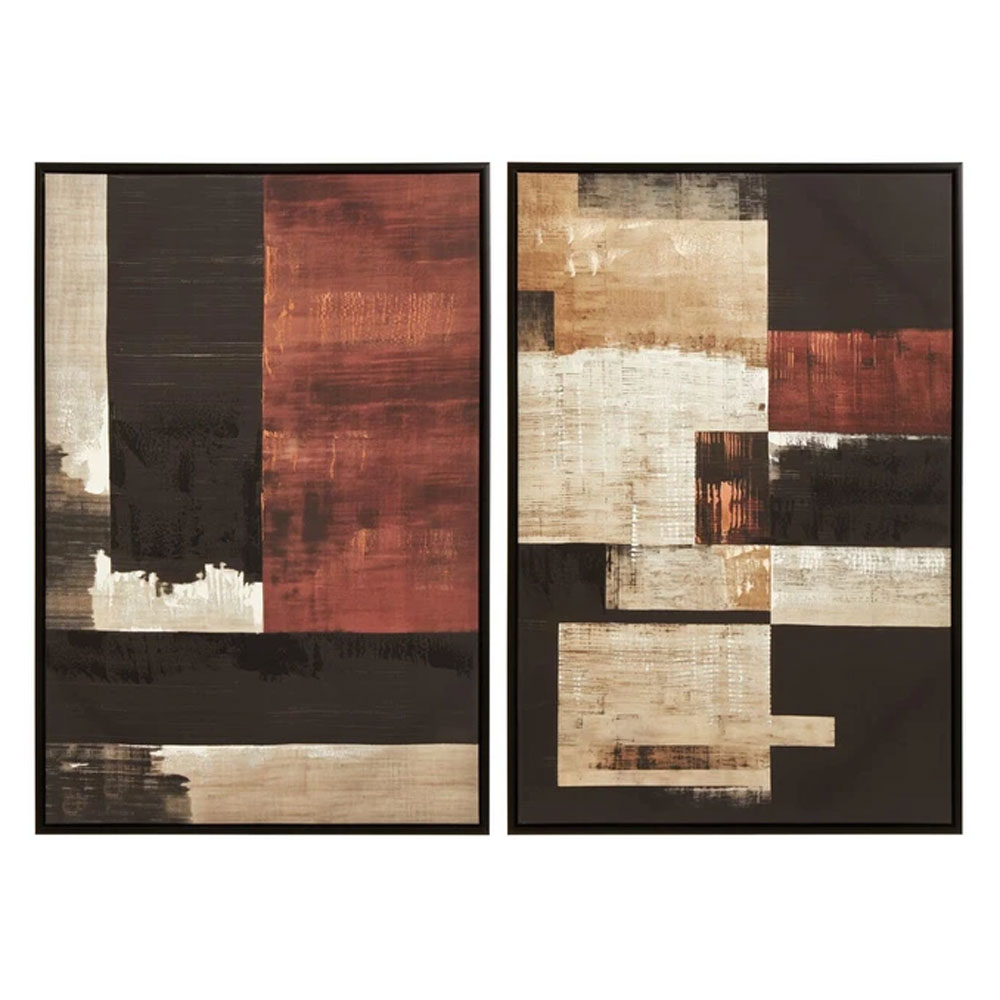 Elmiron Canvas Set Of 2 Geometric Abstract Wall Art in Rust Red and Black