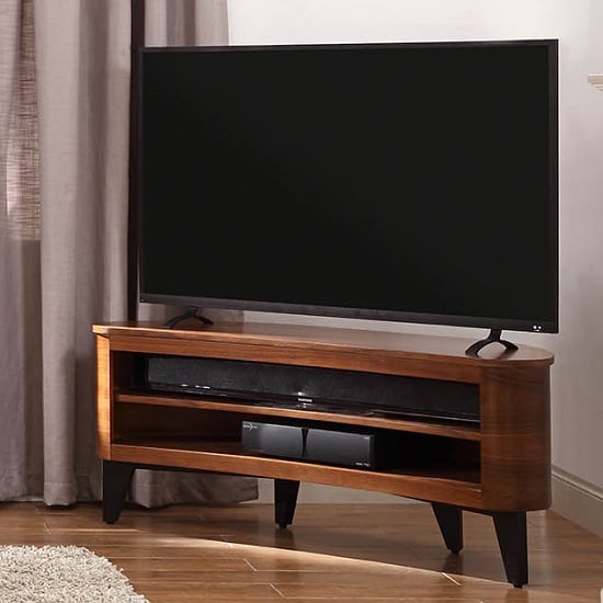 Elmon Wooden Corner Tv Stand In Walnut With Black Legs Furniture