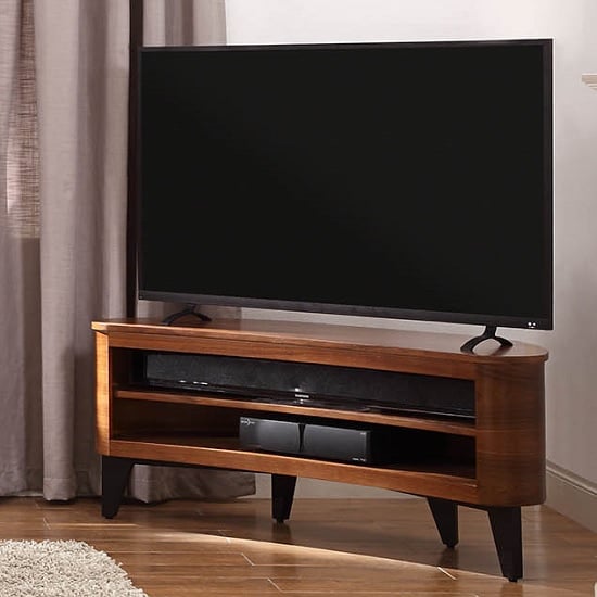 Product photograph of Anfossi Wooden Corner Tv Stand In Walnut With Black Legs from Furniture in Fashion