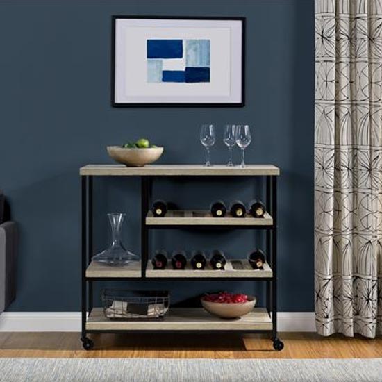 Photo of Ellicott wooden drinks trolley in distressed grey oak