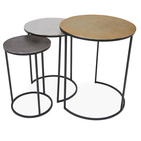 Product photograph of Eloisa Hammered Metal Nest Of 3 Tables In Gold And Black from Furniture in Fashion