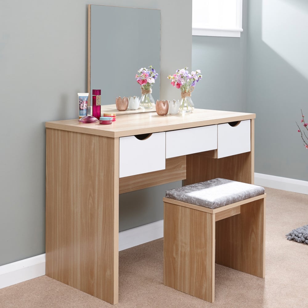 Elstow Wooden Dressing Table Set In Oak And White