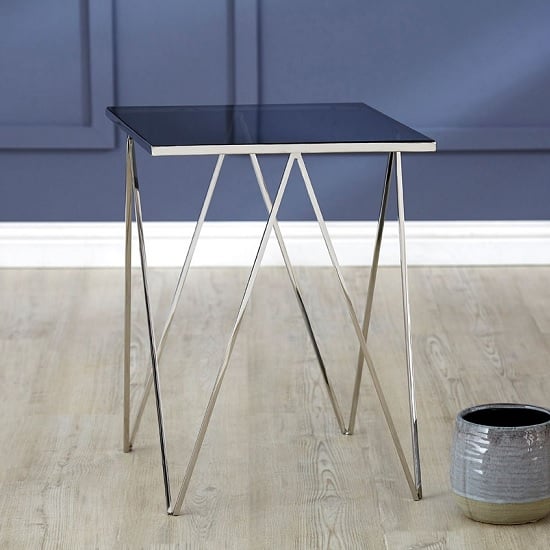 Shalom Square Black Glass Top Side Table With Silver Legs
