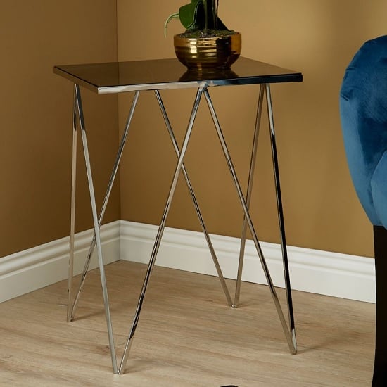 Shalom Square Black Glass Top Side Table With Silver Legs