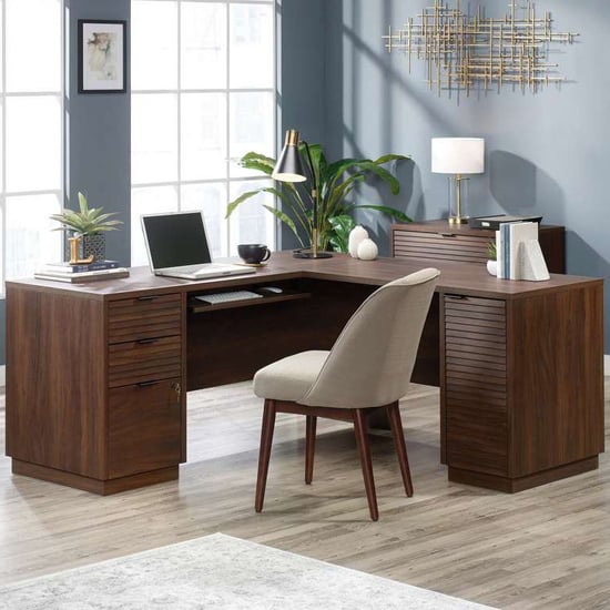 Photo of Elstree wooden l-shaped computer desk in mahogany