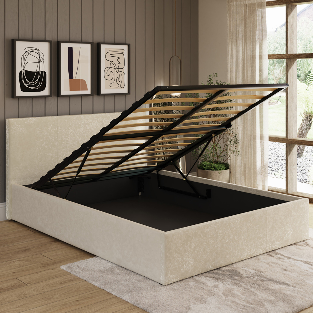 Eltham End Lift Crushed Velvet Ottoman Double Bed In Cream