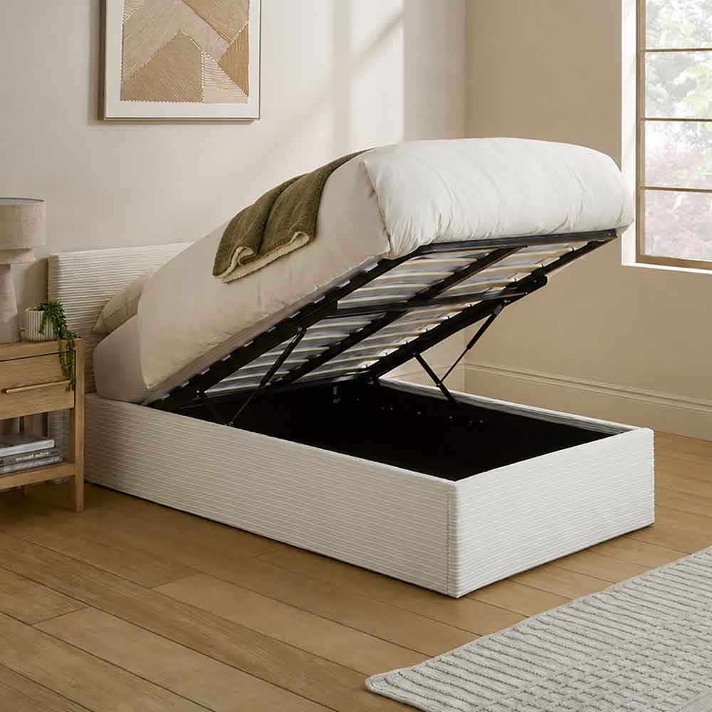 Eltham End Lift Fabric Ottoman Storage Single Bed in Cream