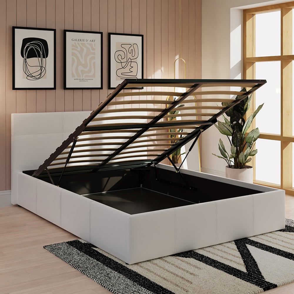 Eltham End Lift PU Leather Ottoman Double Bed In White