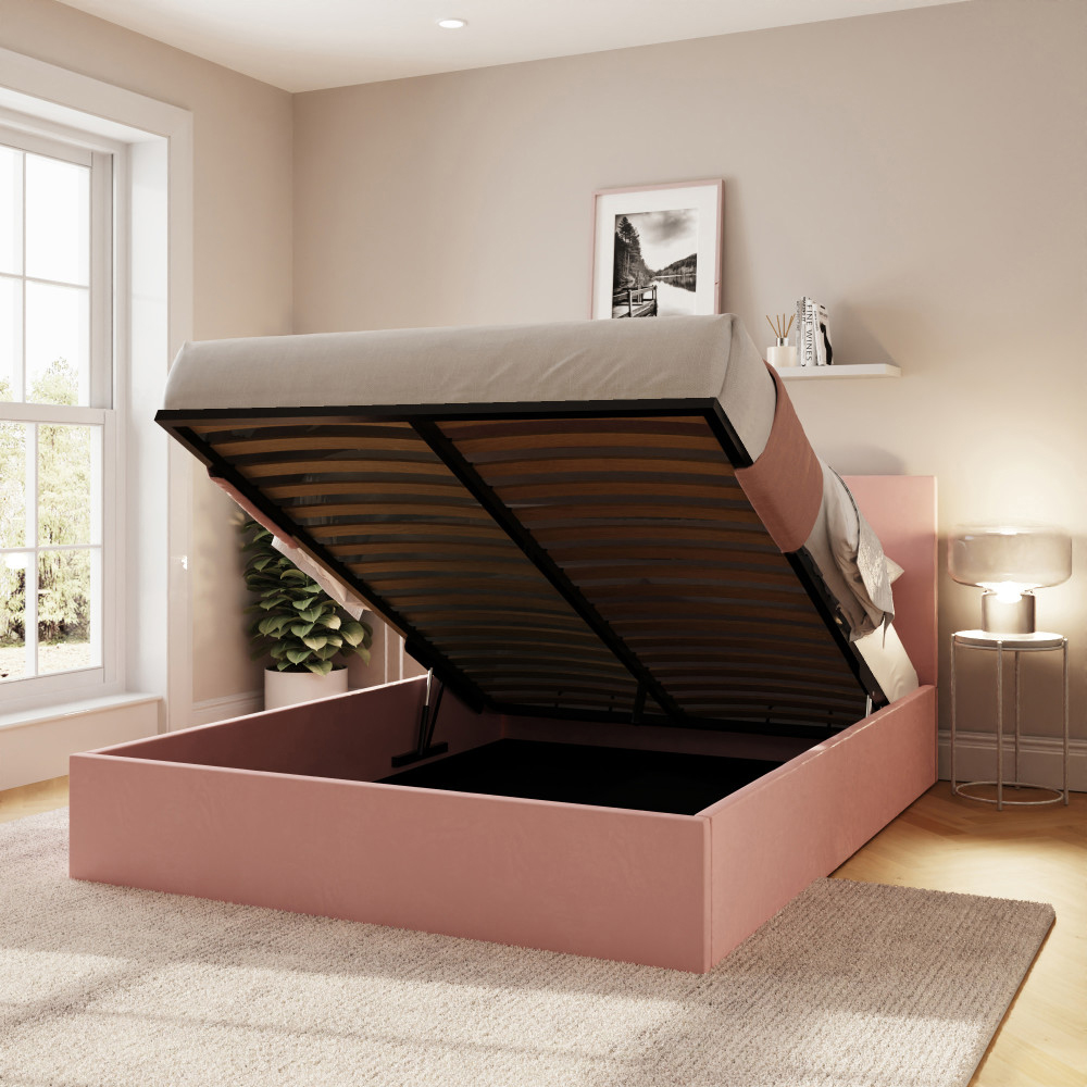 Eltham End Lift Velvet Ottoman Storage Double Bed in Blush Pink