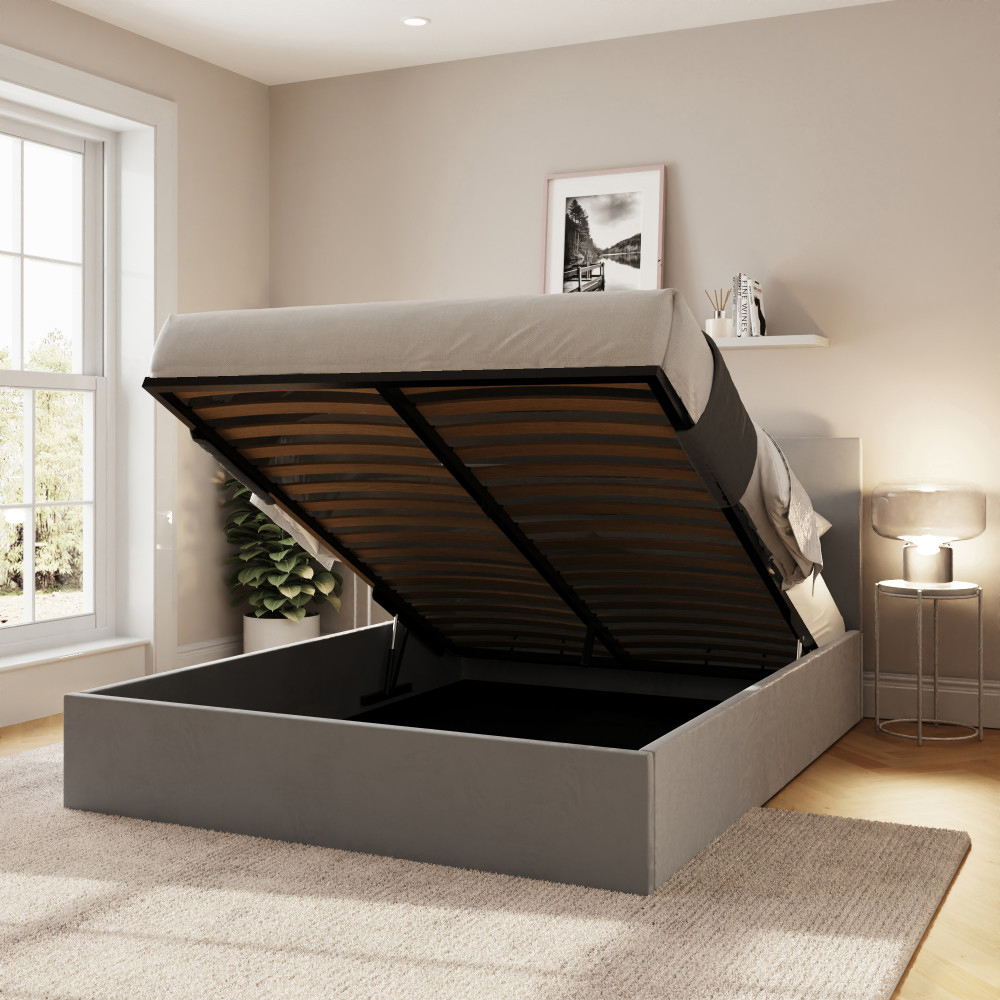 Eltham End Lift Velvet Ottoman Storage King Size Bed in Charcoal Grey