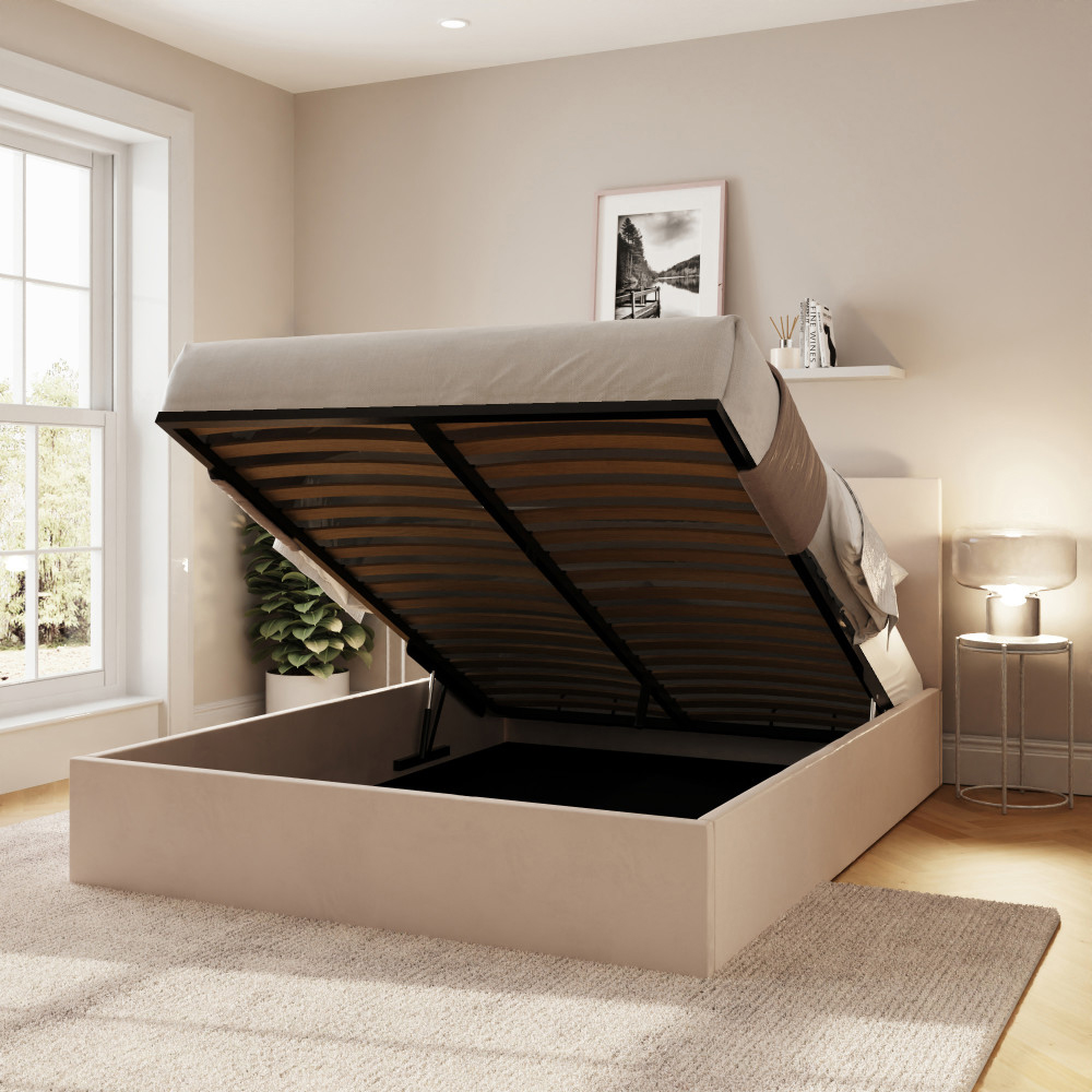 Eltham End Lift Velvet Ottoman Storage King Size Bed in Natural