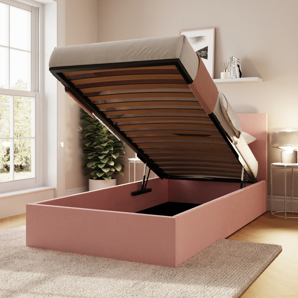 Eltham End Lift Velvet Ottoman Storage Single Bed in Blush Pink