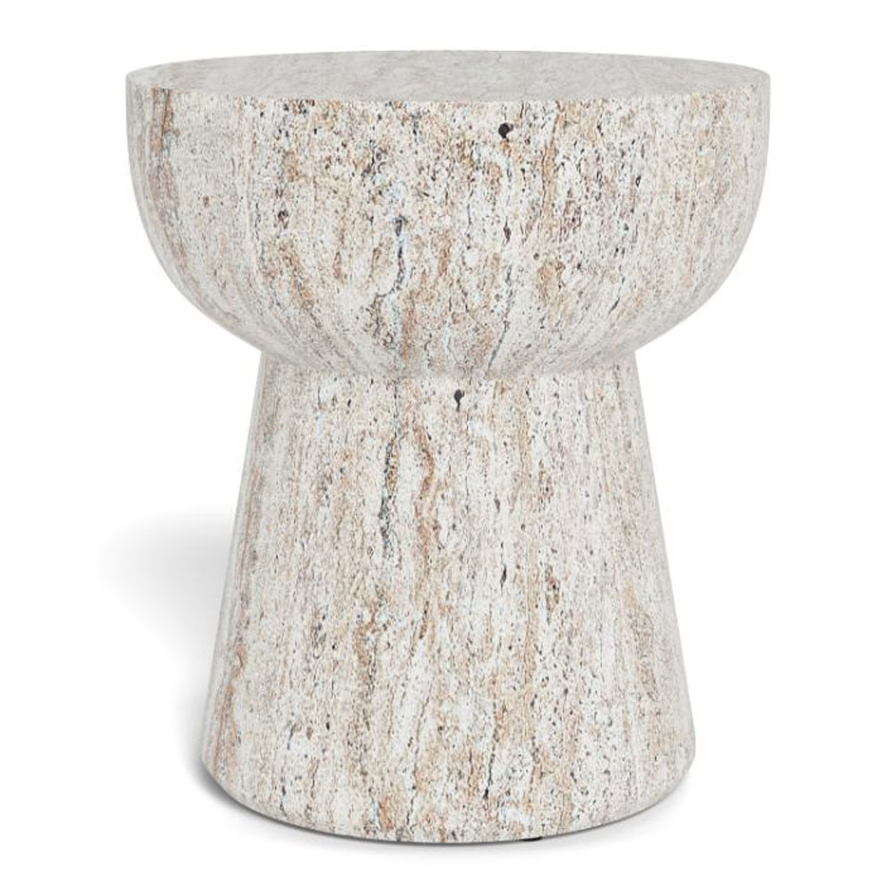 Elthora Round Fiber Cement Side Table in Matt Travertine Marble Effect