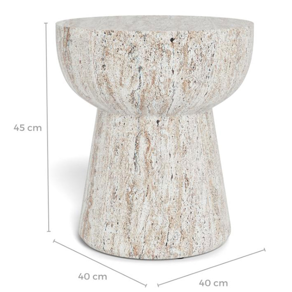Elthora Round Fiber Cement Side Table in Matt Travertine Marble Effect