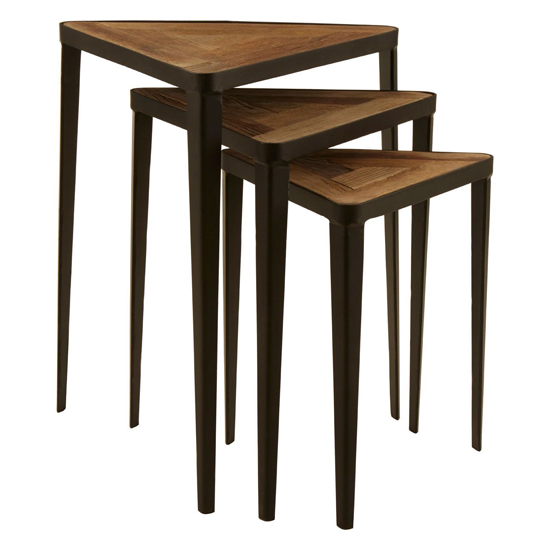 Eltro Wooden Nest Of 3 Tables With Black Metal Frame In Brown