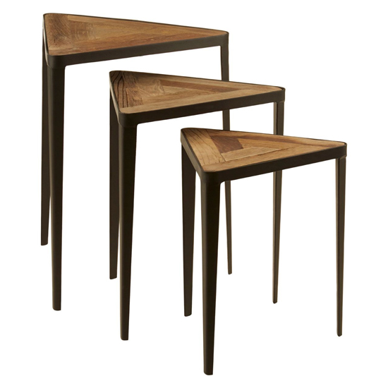 Eltro Wooden Nest Of 3 Tables With Black Metal Frame In Brown