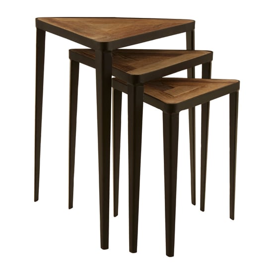 Eltro Wooden Nest Of 3 Tables With Black Metal Frame In Brown
