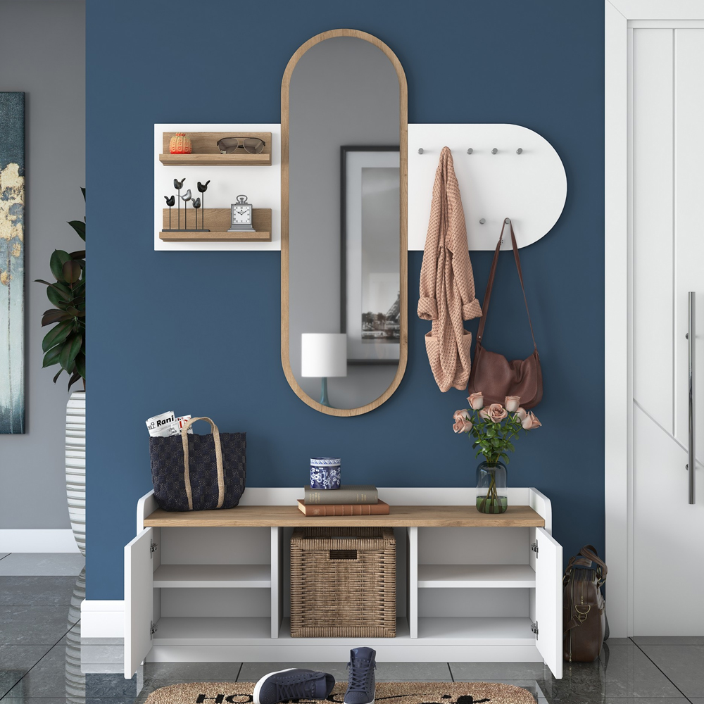 Elvano Wooden Hallway Storage Bench With Coat Rack And Mirror In Walnut White