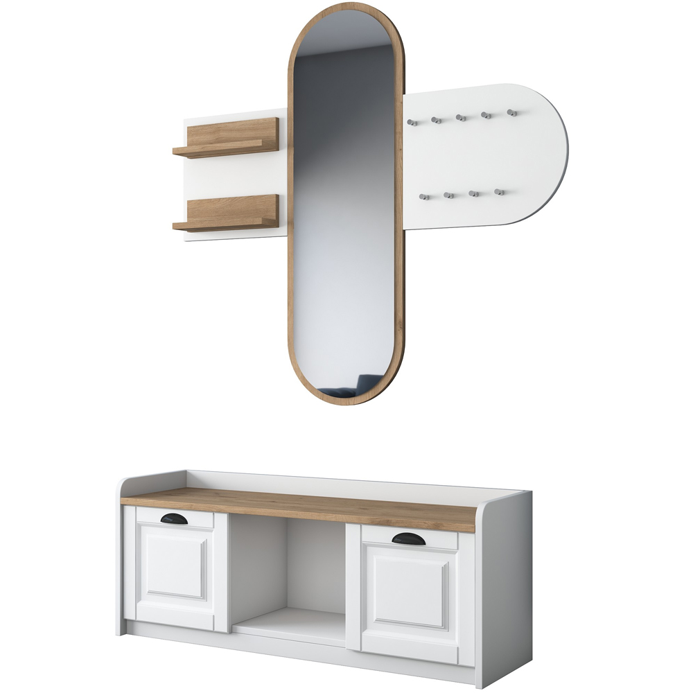 Elvano Wooden Hallway Storage Bench With Coat Rack And Mirror In Walnut White