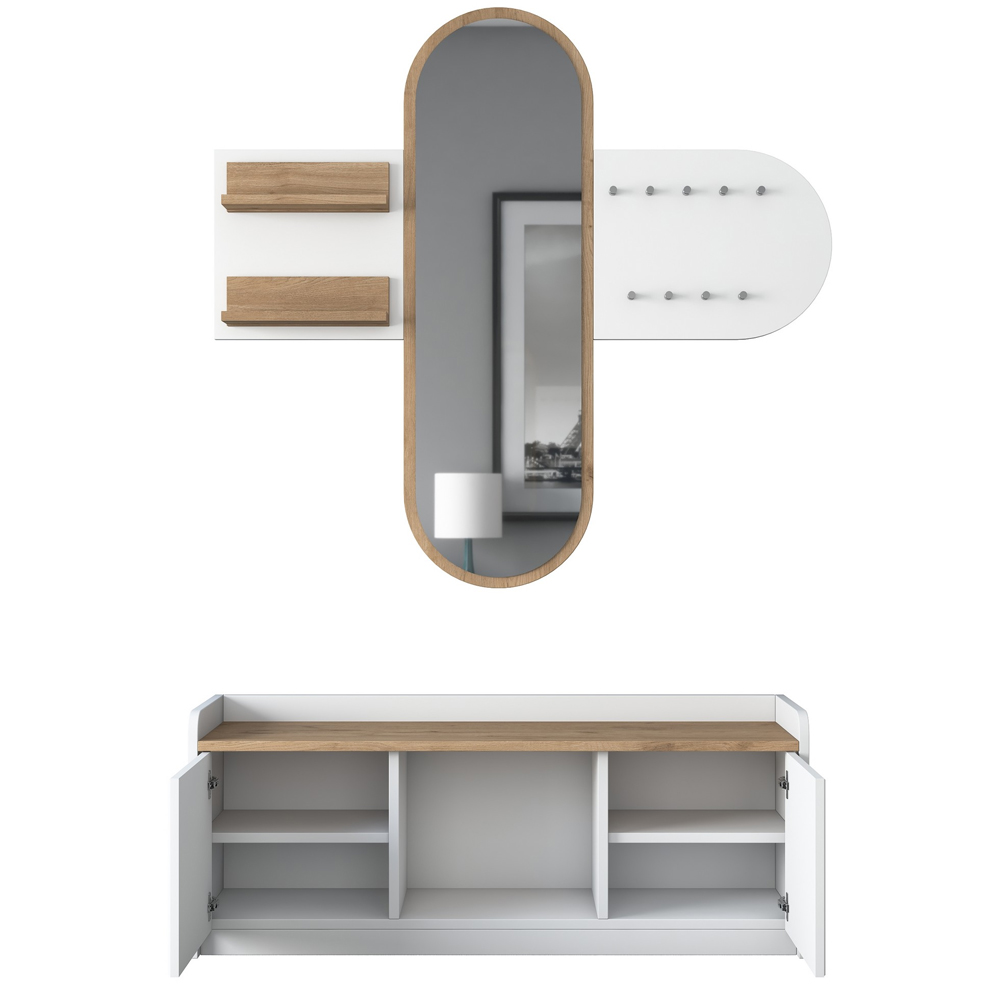 Elvano Wooden Hallway Storage Bench With Coat Rack And Mirror In Walnut White