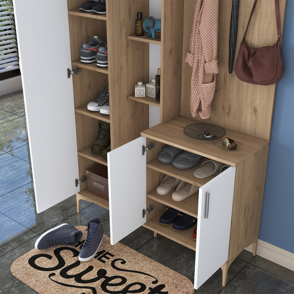 Elvano Wooden Hallway Storage Furniture With Coat Rack And Glass Door In Walnut White
