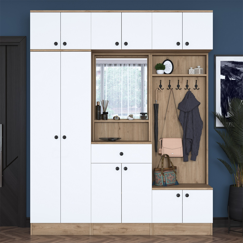 Elvano Wooden Hallway Storage Furniture With Coat Rack And Mirror In Walnut White