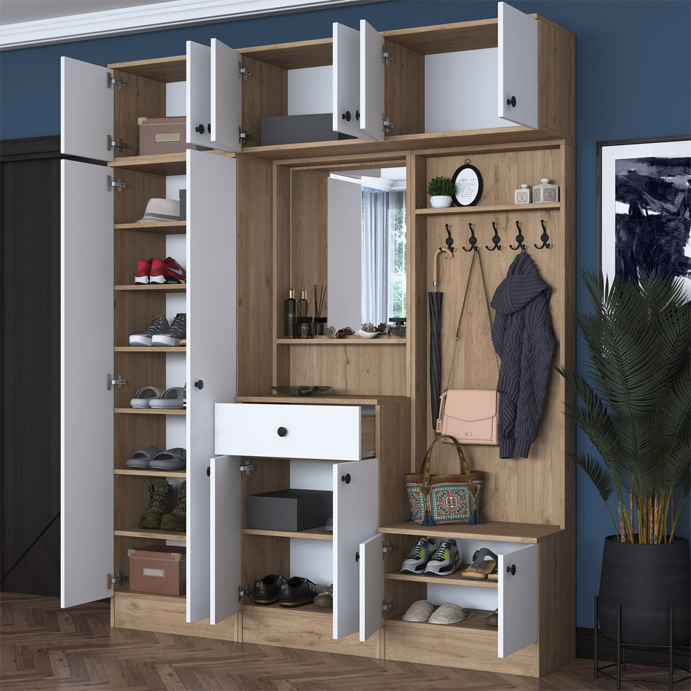 Elvano Wooden Hallway Storage Furniture With Coat Rack And Mirror In Walnut White