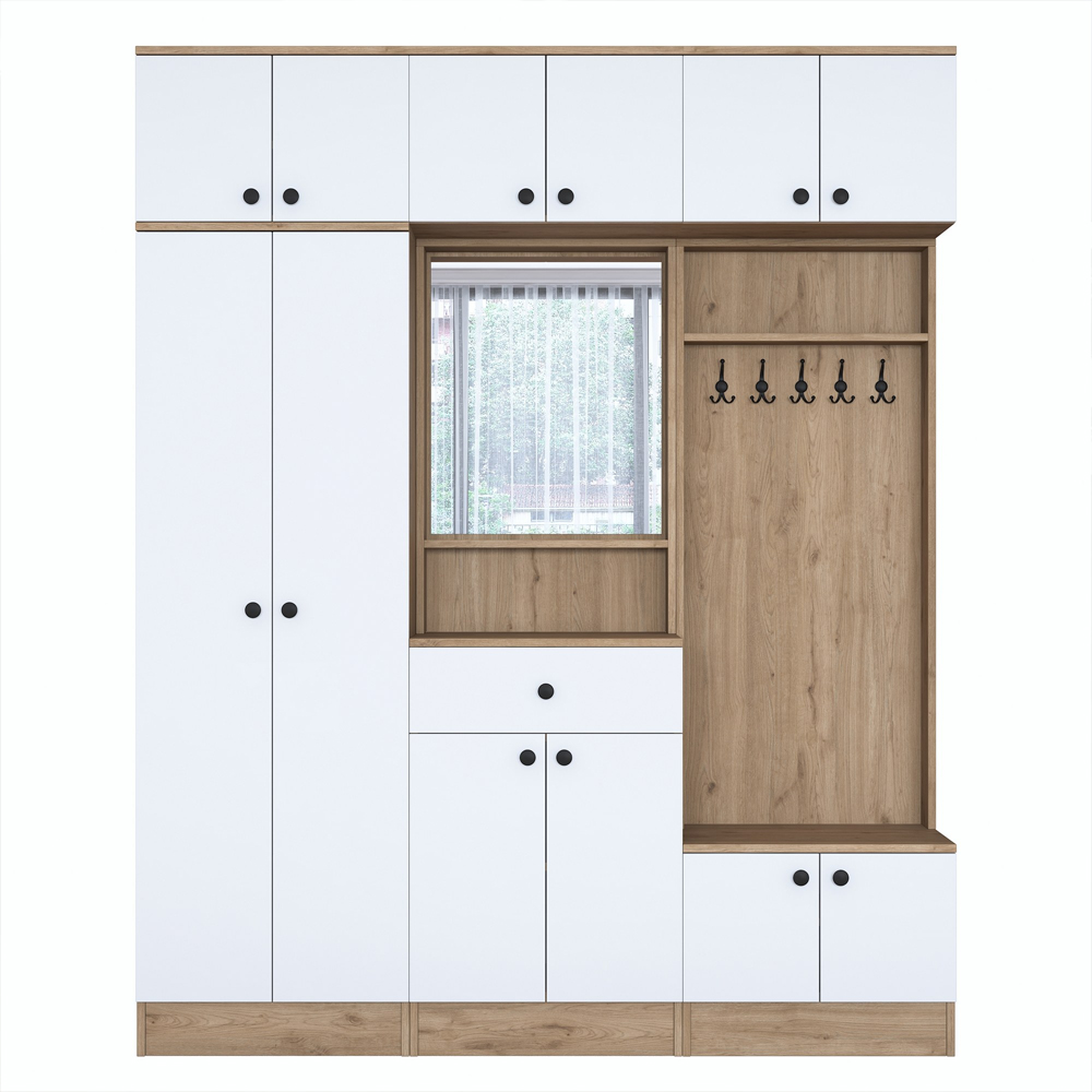 Elvano Wooden Hallway Storage Furniture With Coat Rack And Mirror In Walnut White