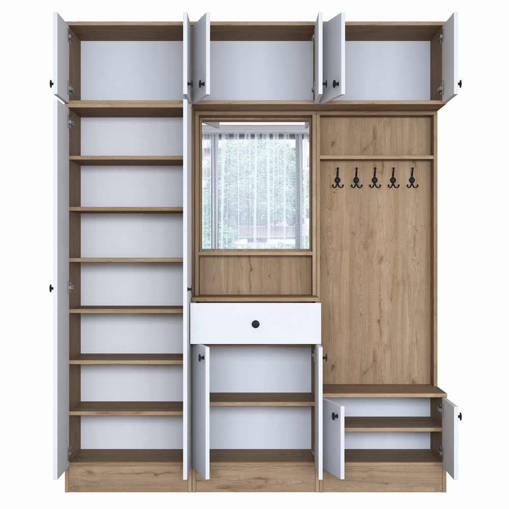 Elvano Wooden Hallway Storage Furniture With Coat Rack And Mirror In Walnut White