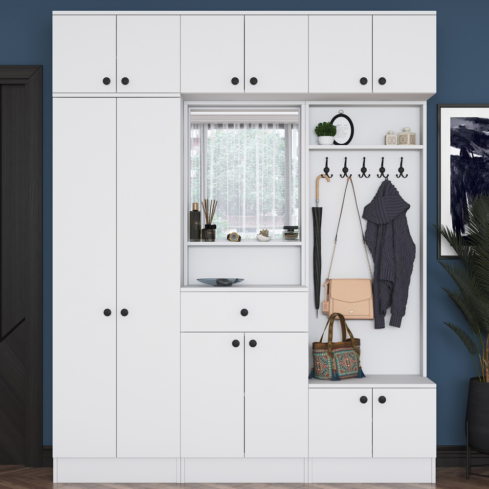 Elvano Wooden Hallway Storage Furniture With Coat Rack And Mirror In White