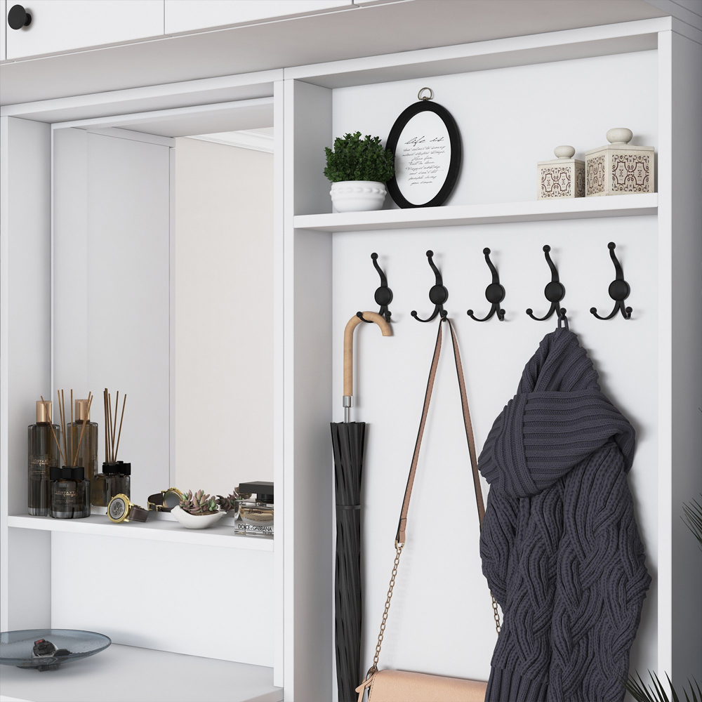 Elvano Wooden Hallway Storage Furniture With Coat Rack And Mirror In White