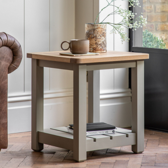 Product photograph of Elvira Round Wooden Side Table In Oak And Prairie from Furniture in Fashion