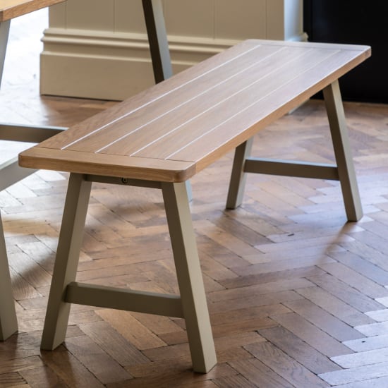Product photograph of Elvira Trestle Wooden Dining Bench In Oak And Prairie from Furniture in Fashion