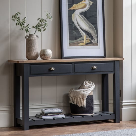 Read more about Elvira wooden console table with 2 drawers in oak and meteror