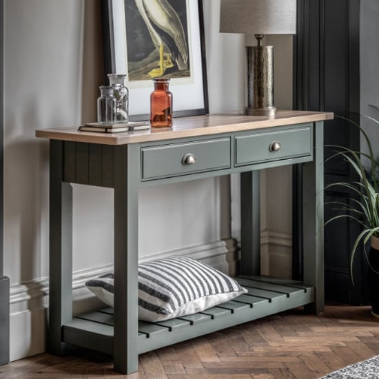 Photo of Elvira wooden console table with 2 drawers in oak and moss