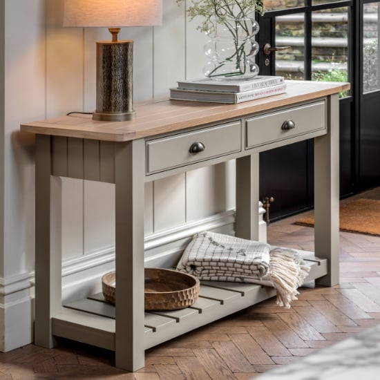 Photo of Elvira wooden console table with 2 drawers in oak and prairie