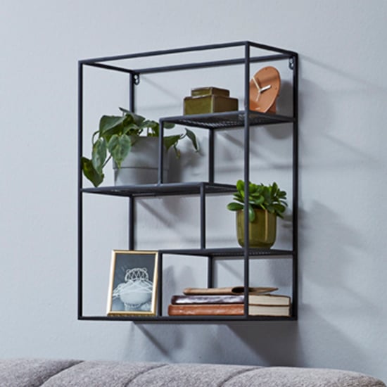 Photo of Elwoka metal wall shelf with 4 mesh shelves in black