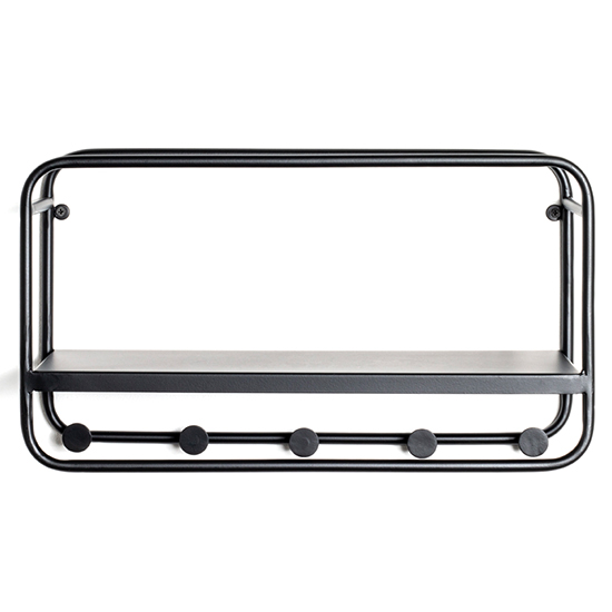 Elwoka Metal Wall Shelf With 5 Coat Hanging Hooks In Black