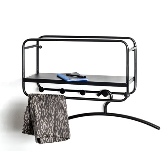 Product photograph of Elwoka Metal Wall Shelf With 5 Coat Hanging Hooks In Black from Furniture in Fashion