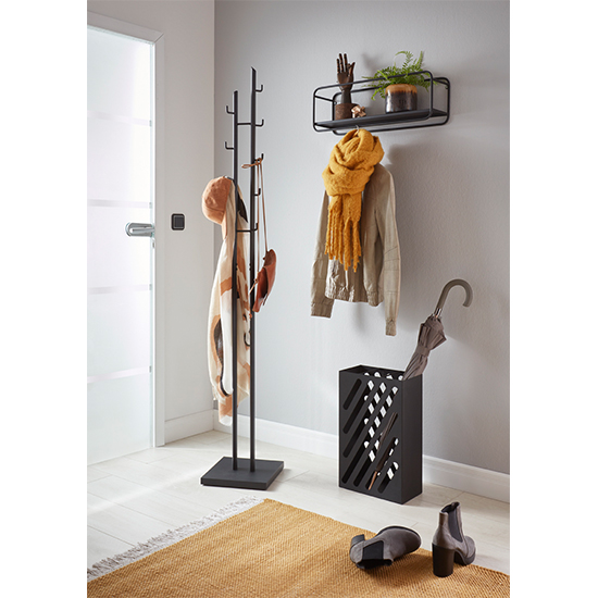 Elwoka Metal Wall Shelf With Coat Rack In Black